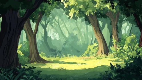 Forest Glade with Golden Sunlight Through Towering Trees.