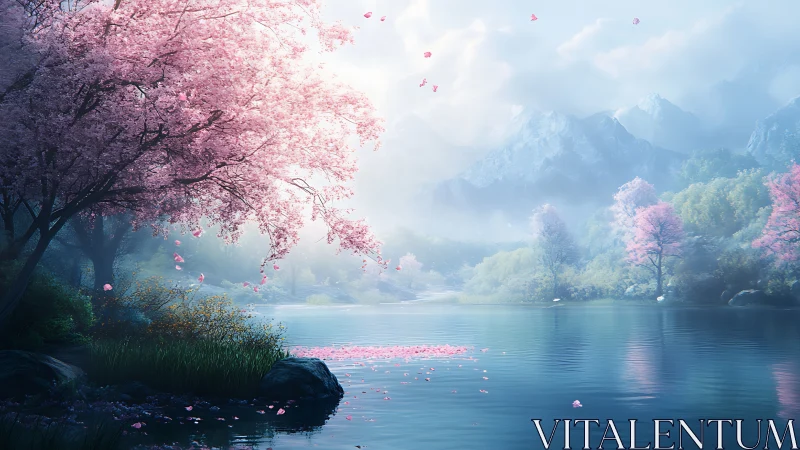 Serene spring lake with pink blossom trees and misty peaks.