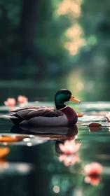 Serene mallard drifts through sunlit pond of soft lilies