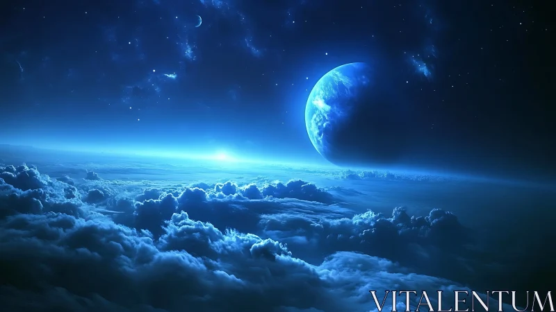 Midnight planetrise above cloud oceans in neon blue hush.