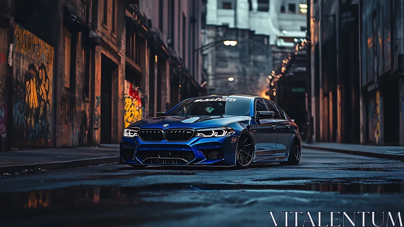 Lowered blue BMW sedan in moody urban alley with wet asphalt