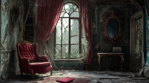 Decayed baroque sitting room with overgrown fenestration detail.