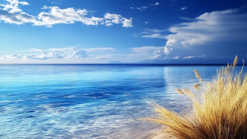 Azure shoreline meets golden dune grass under vivid sky.