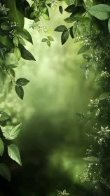 Green foliage frames soft blurred forest light background