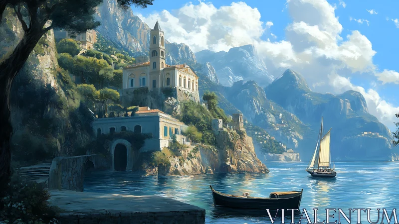 Mediterranean Cliffside Church Overlooking Sailboat Waters