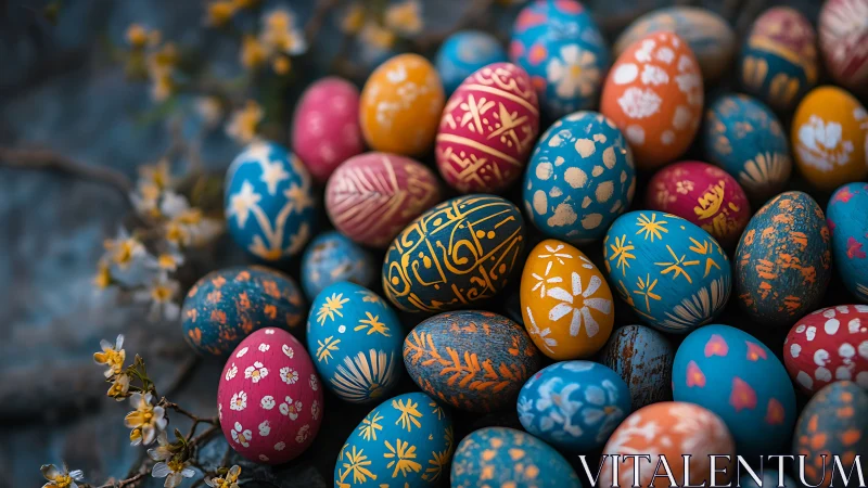 Pattern-rich Easter eggs clustered in vivid spring palette.