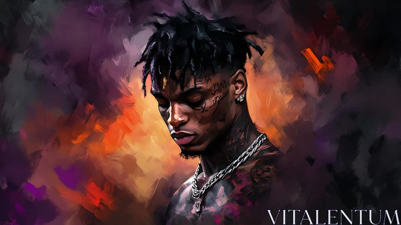 Digital portrait of tattooed rapper in volatile chromatic haze