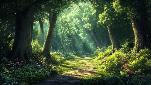 Enchanted Forest Path: A Journey Through Dappled Sunlight.
