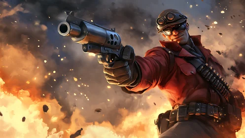 Armed mercenary extends revolver amid cinematic firestorm