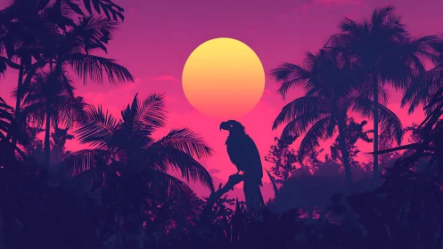 Neon jungle parrot brooding beneath an electric sunset orb.