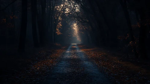 Luminous Forest Corridor: Atmospheric Depth with Golden Canopy Penetration.