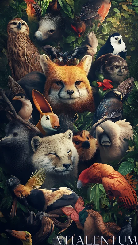 Fox and diverse wildlife merge inside dense forest foliage