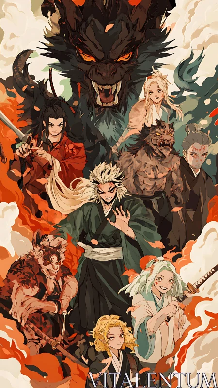 Dynamic anime ensemble framed by fiery dragon apparition