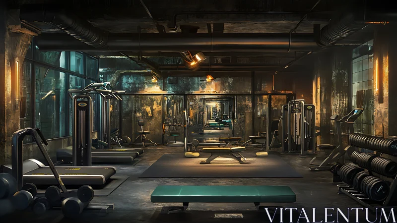 Industrial-style gym interior glows with moody warm lighting.