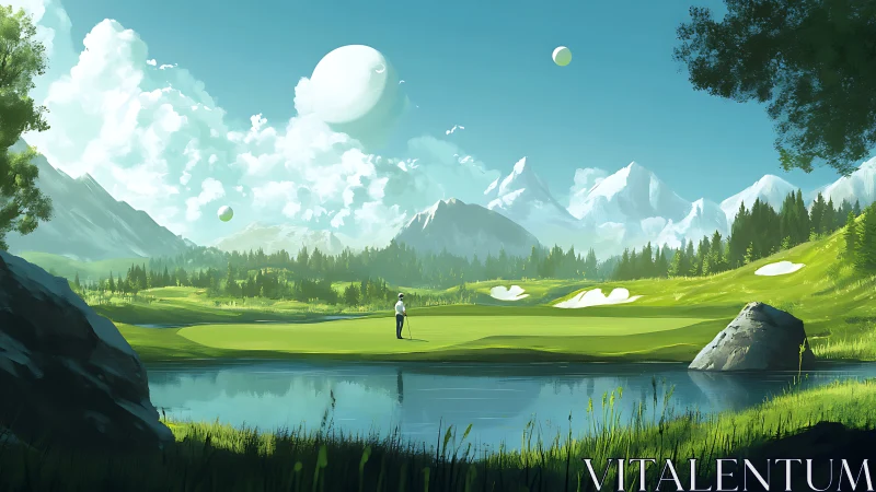 Golfer on green beside lake in alpine valley landscape.