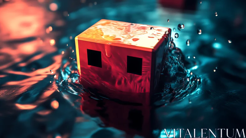 Geometric red cube with square cutouts partially submerged in water.