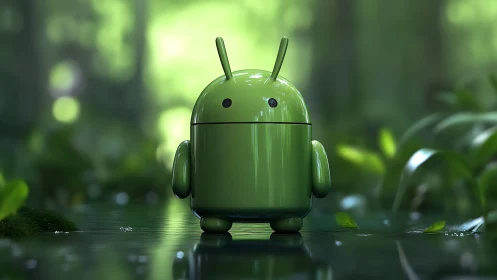 Green robot mascot standing in lush forest environment.