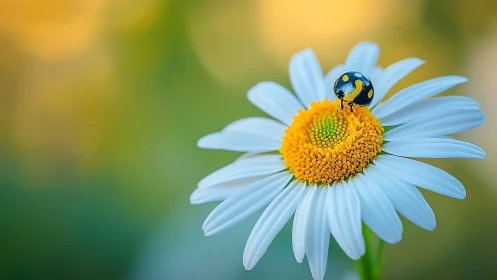High-magnification macro study of ladybug on white daisy disc