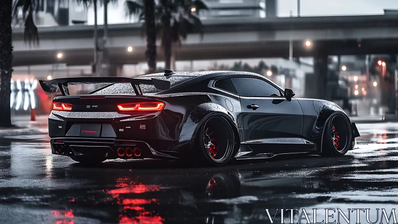 Black widebody muscle car on wet urban street at dusk.