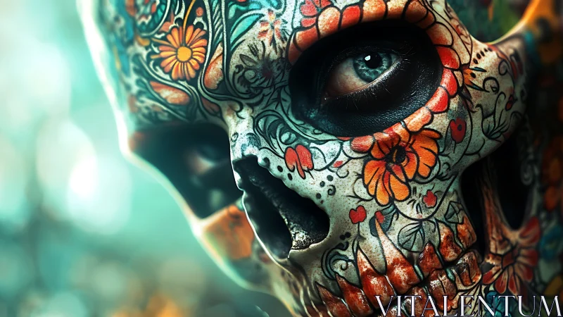 Floral sugar skull gaze wrapped in luminous teal hush.