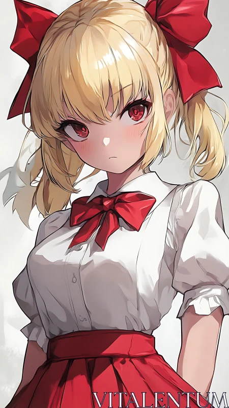Blonde girl in red uniform stands facing the viewer