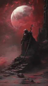 Armored warlord under blood-red moon on eroded basalt ridge