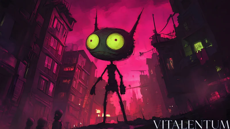 Neon-eyed alley giant tiptoes through a crumbling city dream