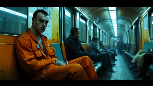 Photorealistic subway portrait with tense orange jumpsuit figure.