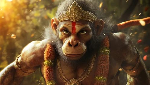 Heroic monkey warrior bathed in warm forest sunlight.