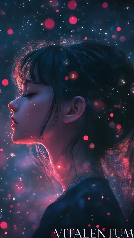 Dreaming girl bathed in cosmic neon starlight aura.
