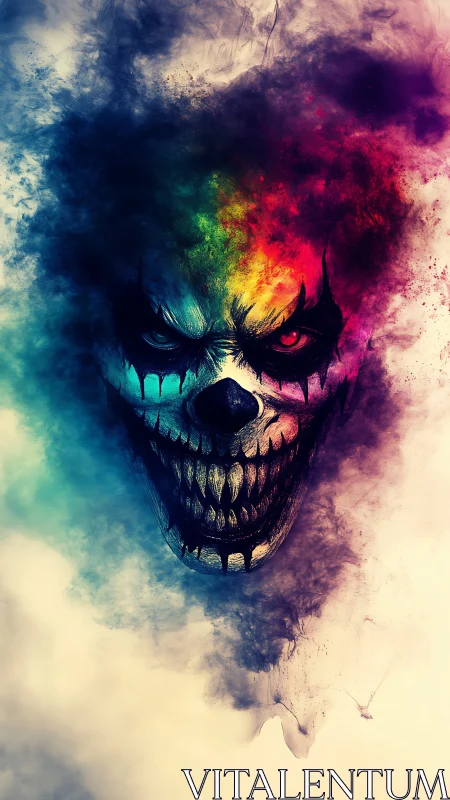 Colorstorm clown face swirling through smoky darkness.