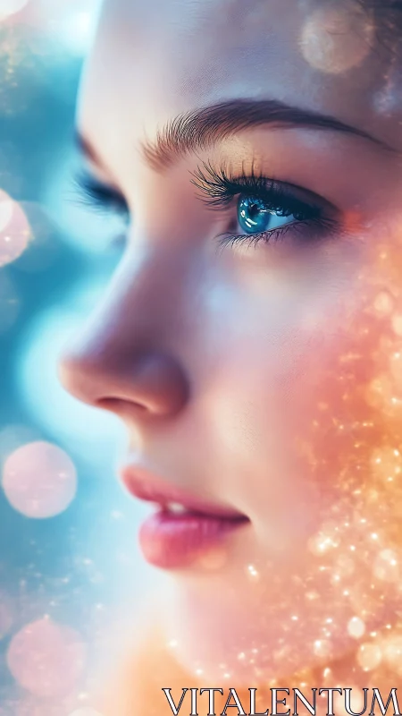 Side profile closeup of female face with soft bokeh light.