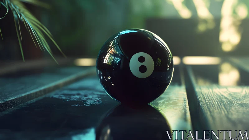 Photorealistic eight ball on wet deck with shallow focus.