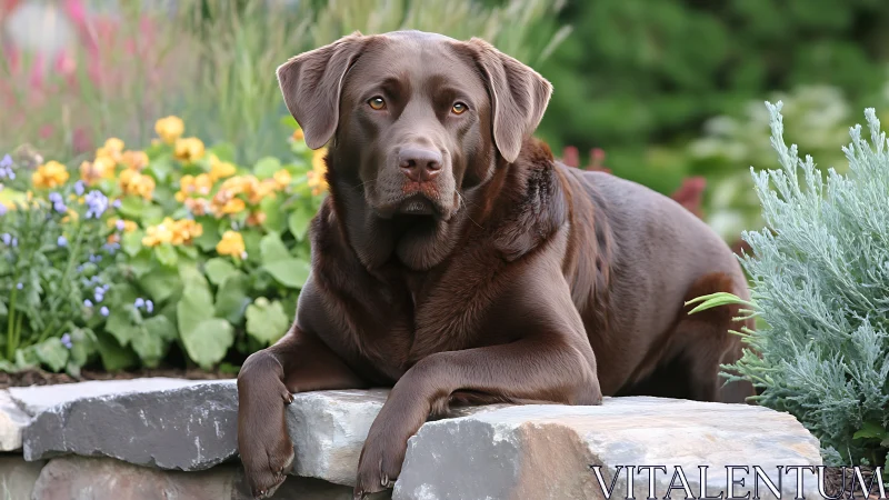 Chocolate lab daydreams on a stone garden throne of blooms.