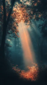 Luminous Forest Pathway: Golden Light Through Autumn Canopy.