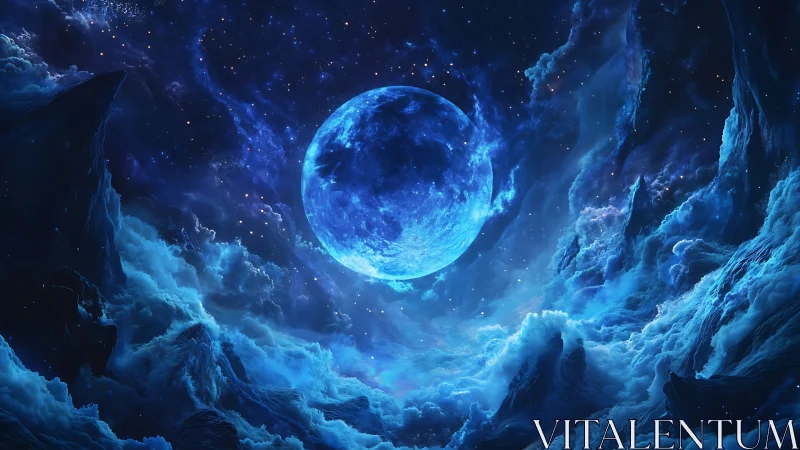 Moonlit blue world rises over swirling cosmic clouds