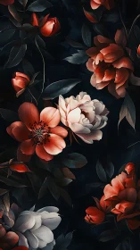 Dark Botanical Study: Crimson and Blush Peonies Against Deep Navy Background