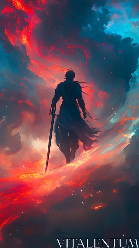 Lone swordsman strides through blazing cosmic storm