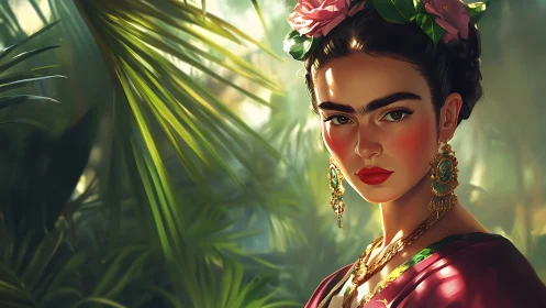 Portrait of woman in tropical foliage with ornate jewelry