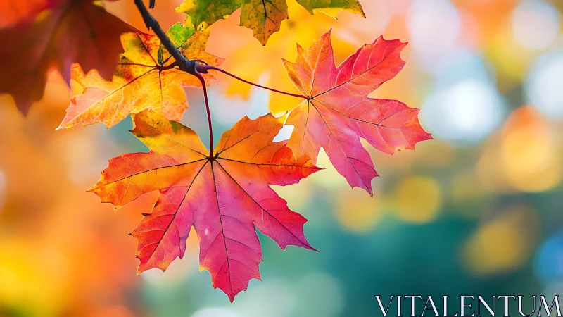 Sunlit maple leaves blazing through soft autumn bokeh glow.