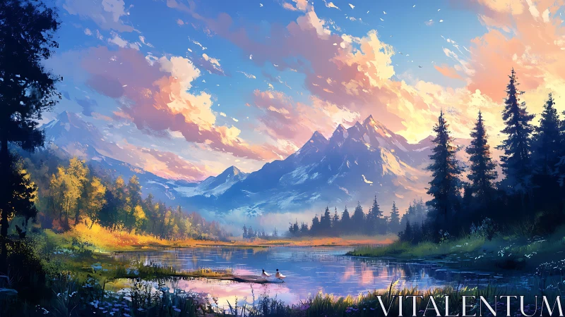 Peaceful mountain lake glowing under a soft sunrise sky.