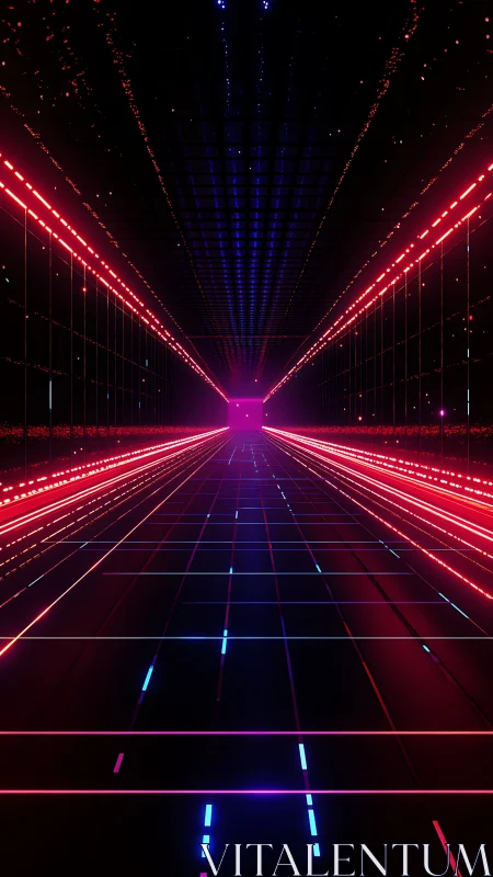 Neon hyperspace corridor racing toward a pulsing digital portal.