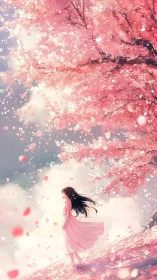Soft petals swirl as a girl strolls beneath pink blossoms