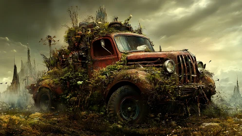 Overgrown rusted truck becomes a post apocalyptic garden.