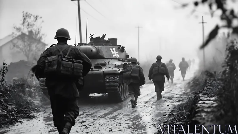 Soldiers advance behind tank on muddy, foggy rural road