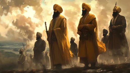 Sikh leaders in traditional dress on elevated terrain at dusk.