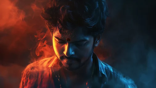 Bicolored volumetric portrait with cinematic rim lighting precision.