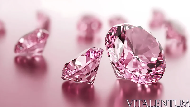 Pink faceted diamonds on reflective surface with bokeh highlights.