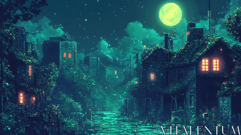 Pixel art nocturne street under luminous full moon glow.