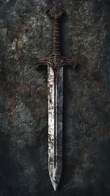 Ancient battle-worn sword rests against dark stone wall.